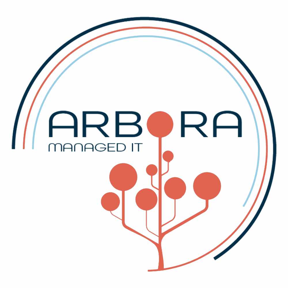 ARBORA Managed IT logo with a red circuit-like tree inside a circular navy and light-blue ring.